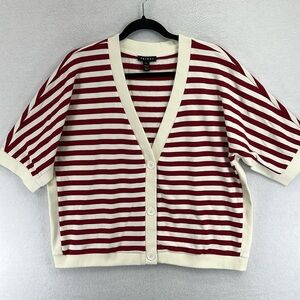 Tribal Women’s Striped Sweater Sz L Red/Cream French Terry Button Front NWOT